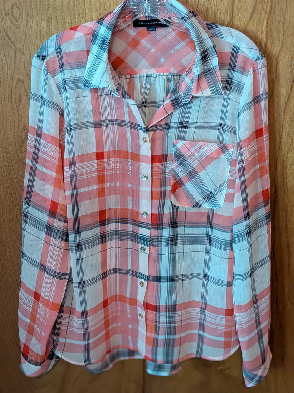 Tommy Hilfiger Light Red, White & Black Plaid Button-Up Shirt